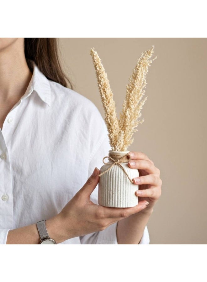 Ribbed Concrete Vase with Natural Pampas Grass & Jute Bow Detail - Image 1