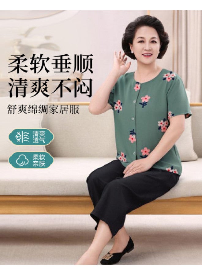 Tucano Cotton Viscose Pajama Set For Middle-aged Women - Summer Thin Short-sleeve Open Front Lounge Wear, Plus Size Suitable For Outdoor Wear - Image 1