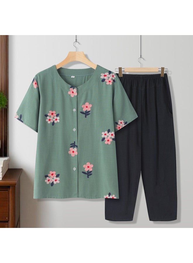 Tucano Cotton Viscose Pajama Set For Middle-aged Women - Summer Thin Short-sleeve Open Front Lounge Wear, Plus Size Suitable For Outdoor Wear - Image 5