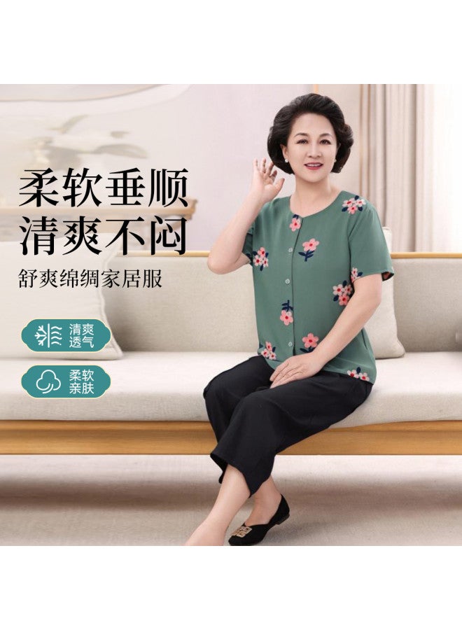 Tucano Cotton Viscose Pajama Set For Middle-aged Women - Summer Thin Short-sleeve Open Front Lounge Wear, Plus Size Suitable For Outdoor Wear - Image 2