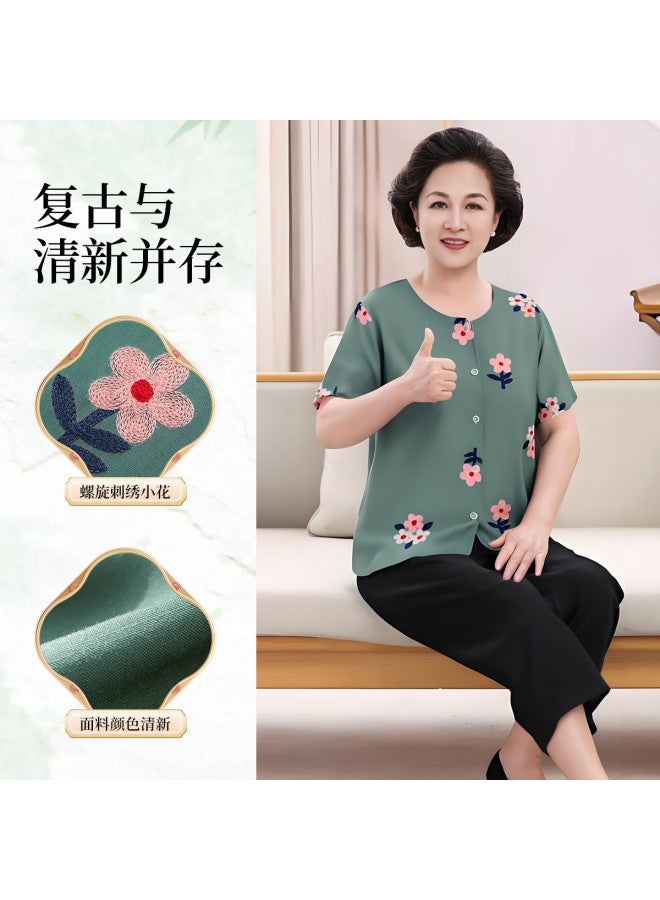 Tucano Cotton Viscose Pajama Set For Middle-aged Women - Summer Thin Short-sleeve Open Front Lounge Wear, Plus Size Suitable For Outdoor Wear - Image 3