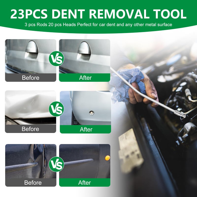 Poakkus Paintless Dent Repair Tools 6 Pieces of Dent Removal Rods with Awl Head Paintless Dent Removal Kit Car Auto Body Dent Removal of Hail Dents and Door Ding (3pcs Rod 20 pcs Pen) - Image 2