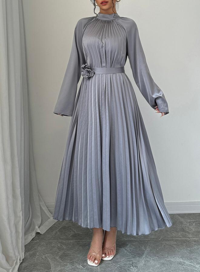 Take Two Grey Pleated Midi Dress with Flower Detail - Image 4