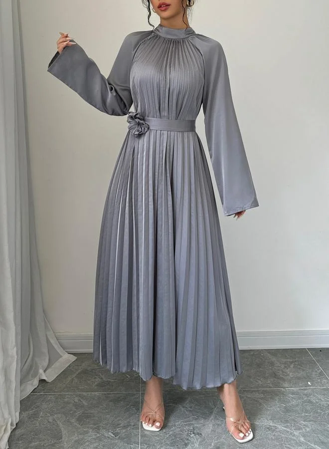 Take Two Take Two Grey Pleated Midi Dress with Flower Detail