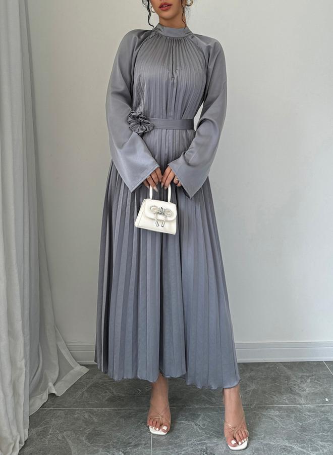 Take Two Grey Pleated Midi Dress with Flower Detail - Image 3
