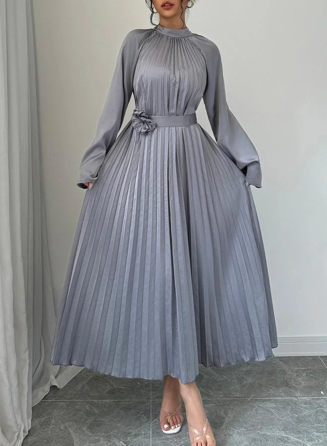 Take Two Take Two Grey Pleated Midi Dress with Flower Detail