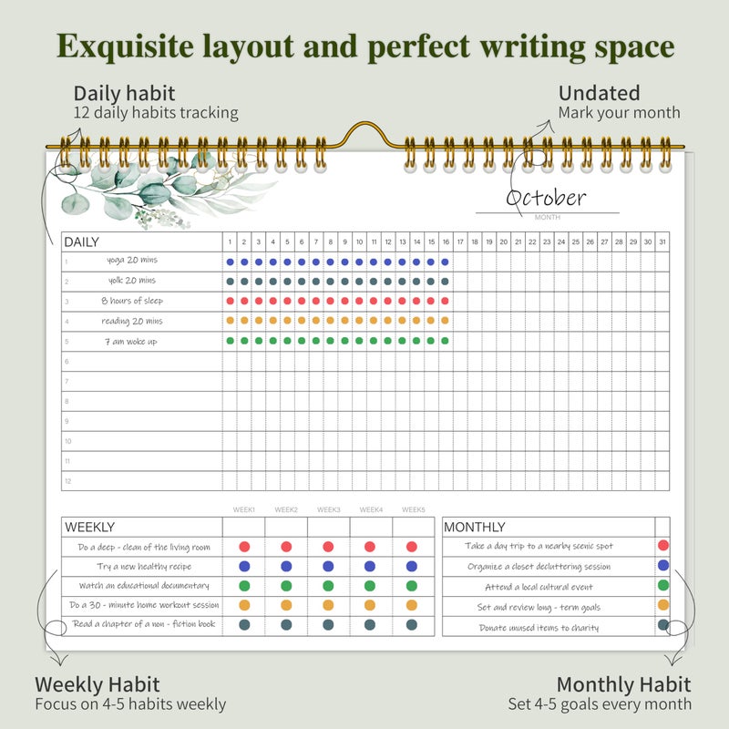 KAICN Habit Tracker Calendarï¼Œ12 Monthly Habit Tracker Journal with Spiral Binding,Undated Weekly Monthly Planner to Boost Productivity&Self Improvement, 8"x10"ï¼ˆGreen) - Image 3