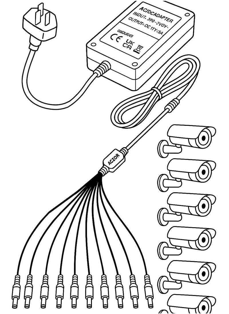 12V 5A Power Supply Adapter with 8-Way DC Splitter Cable – AC 100-240V Input – UK Plug – for CCTV Security Cameras & DVRs