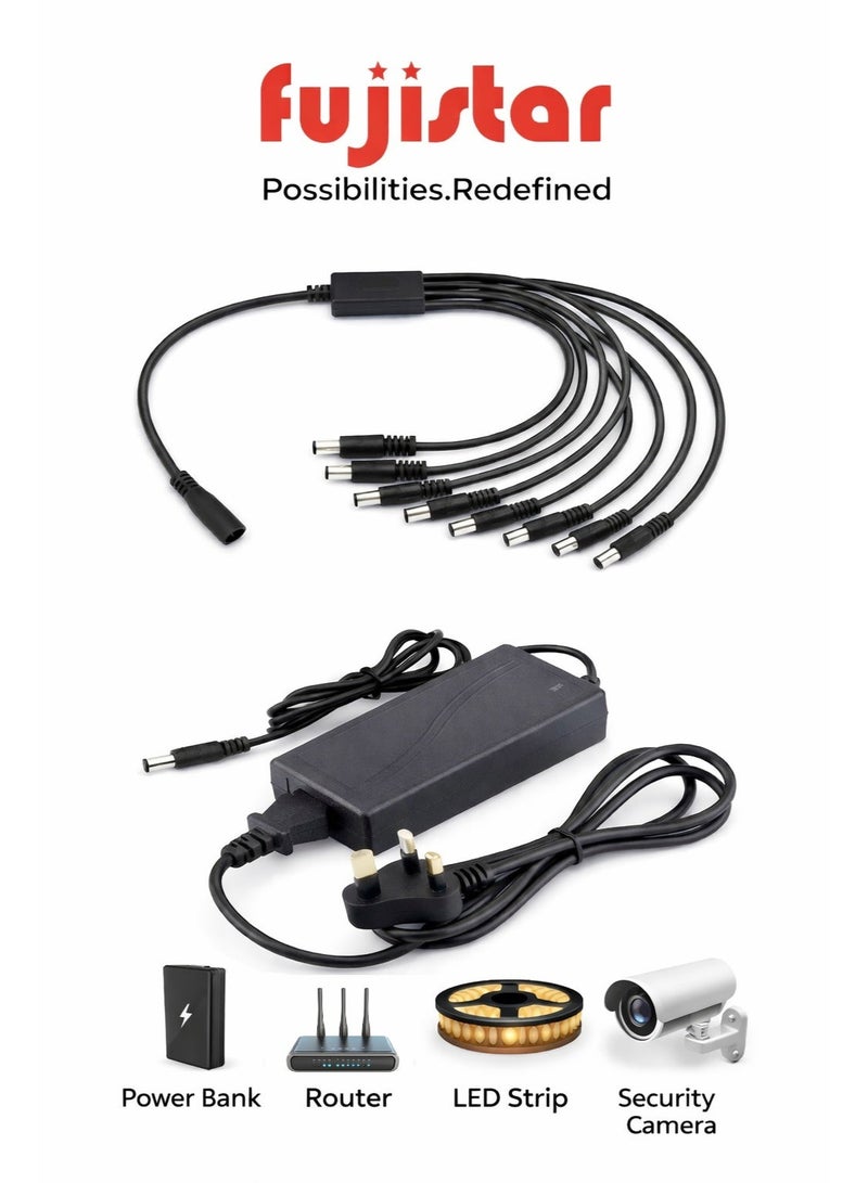 fujistar 12V 5A Power Supply Adapter with 8-Way DC Splitter Cable – AC 100-240V Input – UK Plug – for CCTV Security Cameras & DVRs - Image 1