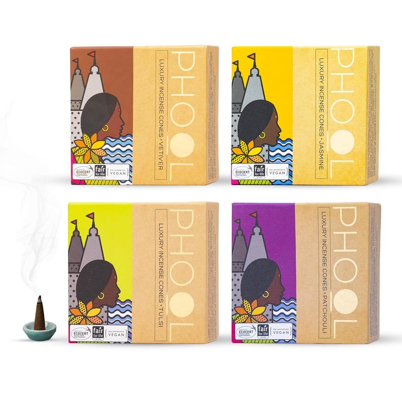 PHOOL LUXURY INCENSE PHOOL LUXURY INCENSE Natural Incense Cones Bundle Pack Of 4 I Special Pack Classic Fragrances Jasmine Patchouli Tulsi Vetiver I 100 Organic Dhoop Cones I Charcoal Chemical Free - Image 1