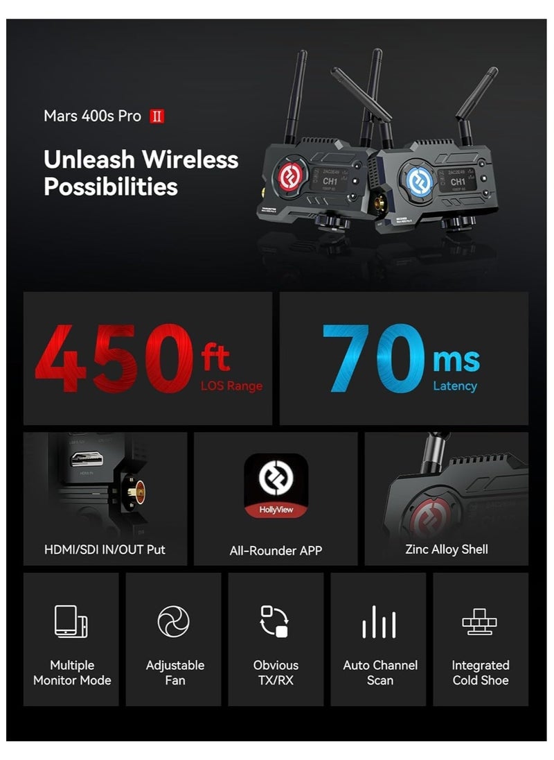 Hollyland Hollyland Mars 400S PRO II Wireless SDI HDMI Video Transmitter and Receiver, 0.07s Latency 450ft Range, 4 APP Monitoring, 1080p 12Mbps 5G Transmission System for Live Streaming Videography Filmmaking  - Image 2