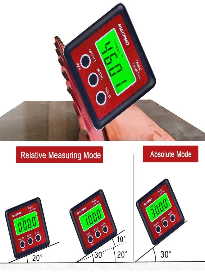 ريسبرو صندوق مستوى رقمي من RISEPRO لقياس الزوايا، مقياس الميل، صندوق الشطب مع قاعدة مغناطيسية وإضاءة خلفية LCD كبيرة، للحسابات في أعمال النجارة والبناء والبناء والسيارات - Image 4