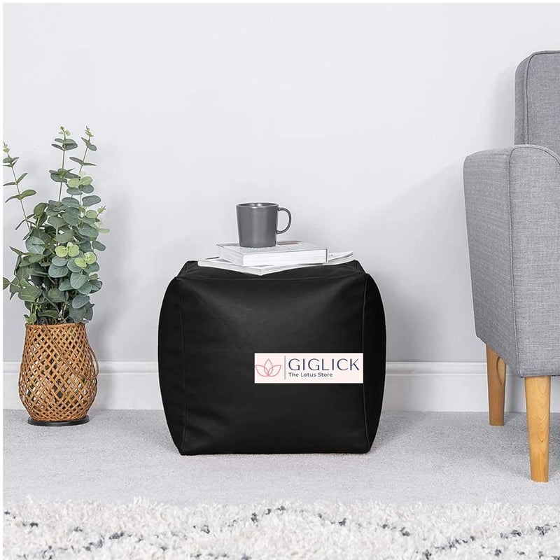 GIGLICK GIGLICK Brand The Lotus Store Durable Comfortable Cube Shape Bean Bag Foot Stool Filled with Beans Faux Leather 38CM Color Black - Image 5