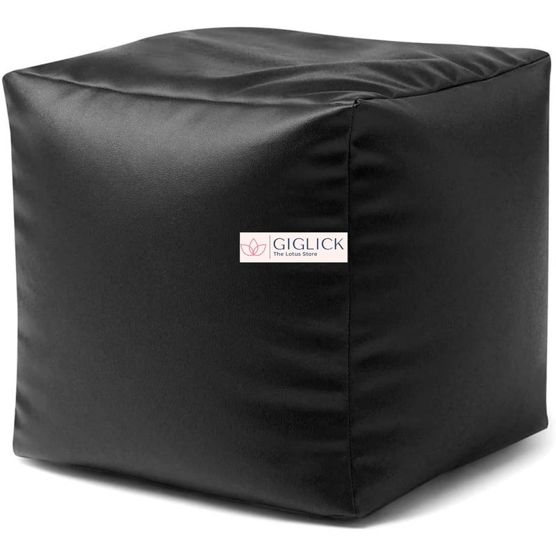 GIGLICK GIGLICK Brand The Lotus Store Durable Comfortable Cube Shape Bean Bag Foot Stool Filled with Beans Faux Leather 38CM Color Black - Image 1