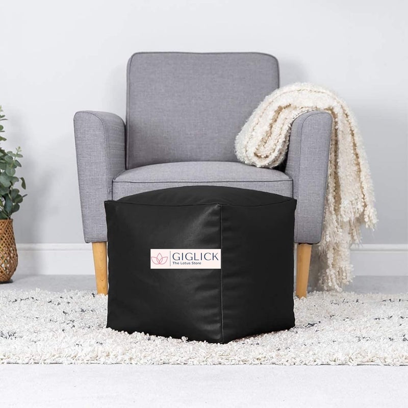 GIGLICK GIGLICK Brand The Lotus Store Durable Comfortable Cube Shape Bean Bag Foot Stool Filled with Beans Faux Leather 38CM Color Black - Image 2