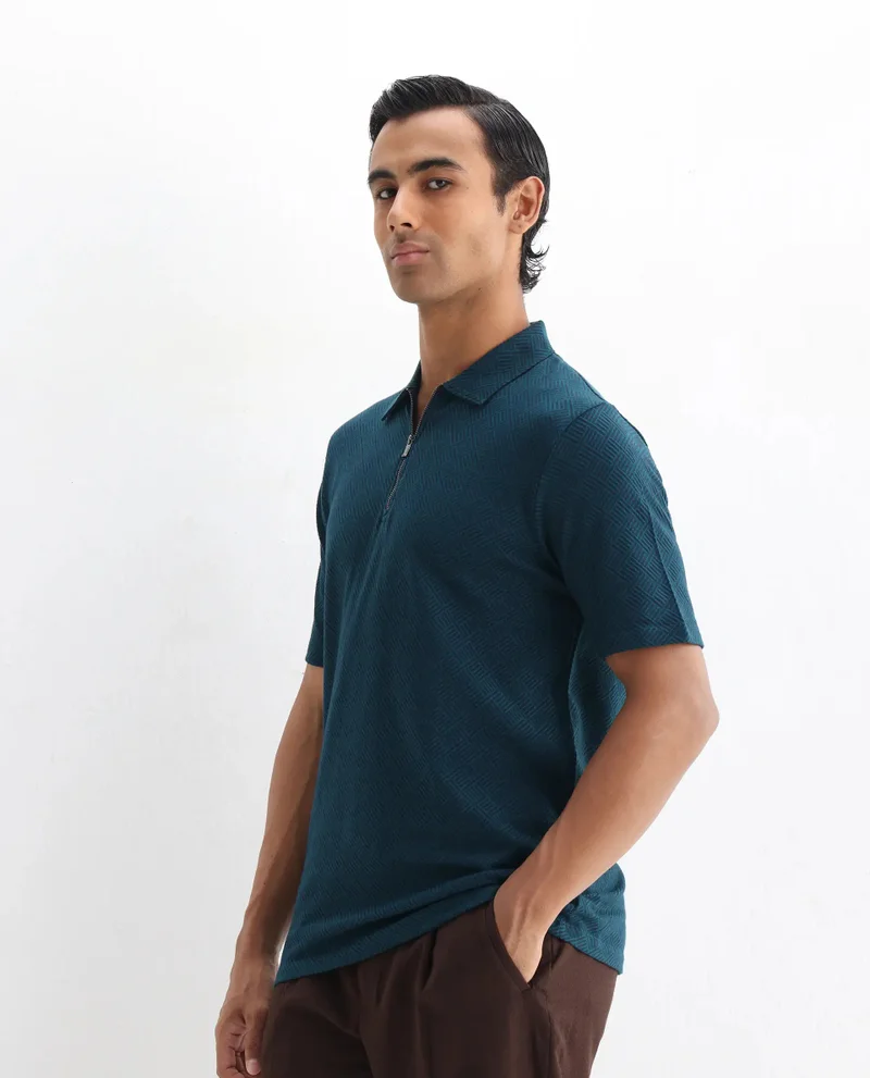 Rare Rabbit Rare Rabbit Men's Cabetta Navy Cotton Fabric Collared Neck Zipper Closure Half Sleeves Jacquard Polo T-Shirt
