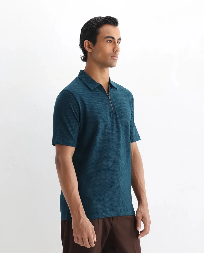 Rare Rabbit Rare Rabbit Men's Cabetta Navy Cotton Fabric Collared Neck Zipper Closure Half Sleeves Jacquard Polo T-Shirt