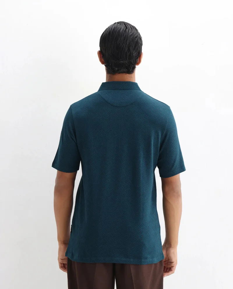 Rare Rabbit Rare Rabbit Men's Cabetta Navy Cotton Fabric Collared Neck Zipper Closure Half Sleeves Jacquard Polo T-Shirt