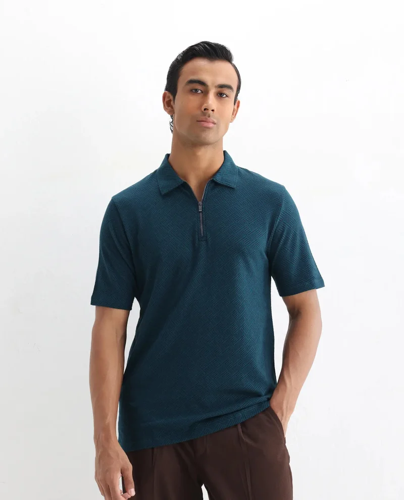 Rare Rabbit Rare Rabbit Men's Cabetta Navy Cotton Fabric Collared Neck Zipper Closure Half Sleeves Jacquard Polo T-Shirt
