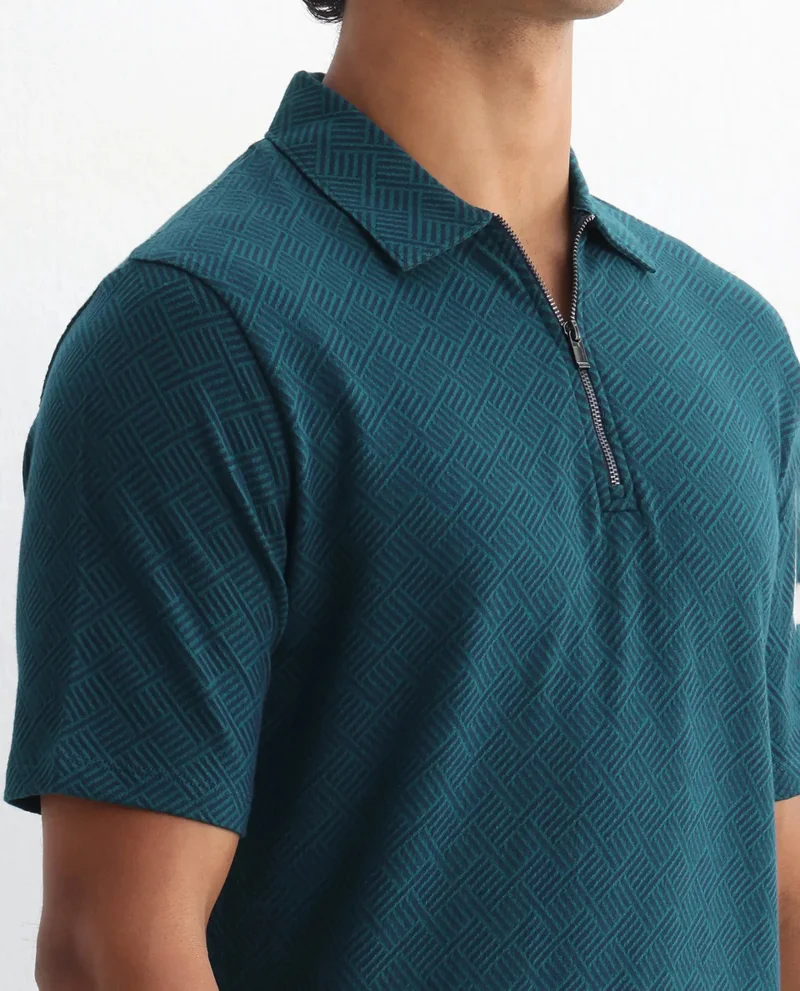 Rare Rabbit Rare Rabbit Men's Cabetta Navy Cotton Fabric Collared Neck Zipper Closure Half Sleeves Jacquard Polo T-Shirt