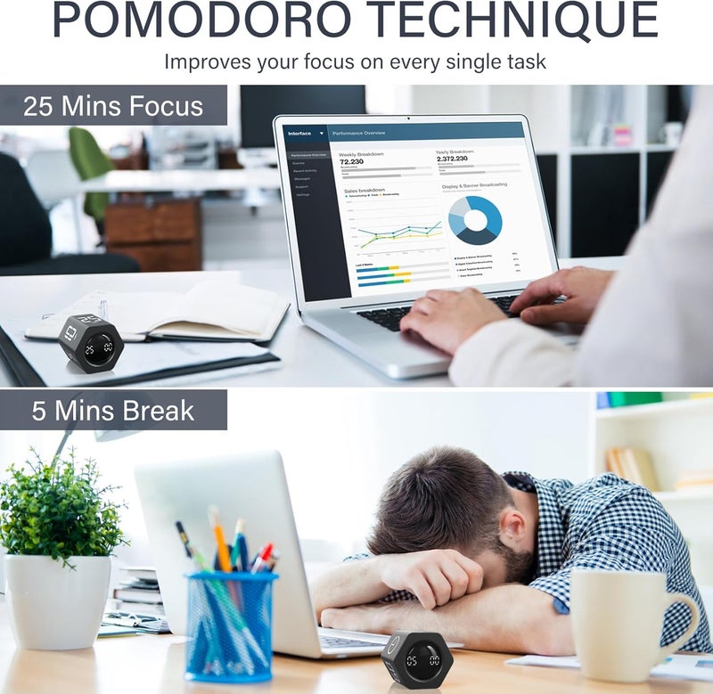 مؤقت بومودورو دوار مع إعدادات مسبقة 5، 25، 10، 30، 60 دقيقة، ساعة توقيت مكتبية قابلة للقلب، أداة ADHD سداسية الشكل، اهتزاز/كتم/إنذار، للعمل والدراسة والعودة إلى المدرسة والمطبخ، أسود - Image 3