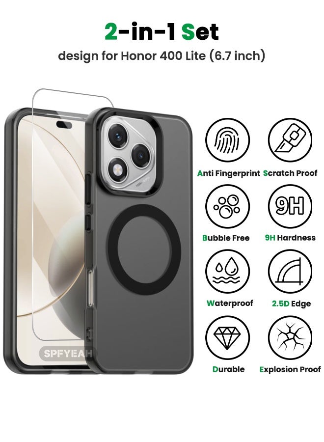 SPFYEAH [2-in-1] Honor 400 Lite Case with HD Tempered Glass Screen Protector, [Anti-Drop Shockproof][Anti-Slip][No Yellowing][Skin Friendly] Slim Hard Frosted Case for Honor 400 Lite 5G 6.7 inch, Black - Image 2