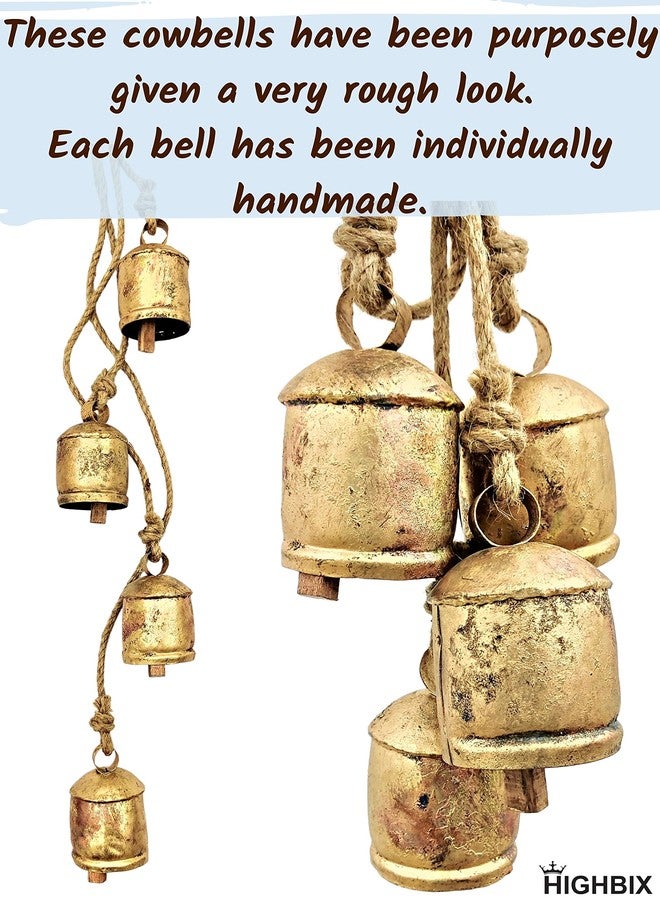 HIGHBIX Harmony 4 Cow Bells Cluster on Rope Large Rustic Vintage Lucky Cow Bells On Rope Wall Hanging Décor (Gold) - Image 4
