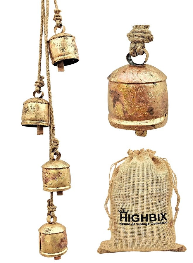 HIGHBIX Harmony 4 Cow Bells Cluster on Rope Large Rustic Vintage Lucky Cow Bells On Rope Wall Hanging Décor (Gold) - Image 1