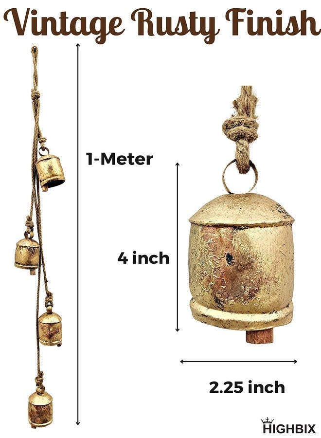 HIGHBIX Harmony 4 Cow Bells Cluster on Rope Large Rustic Vintage Lucky Cow Bells On Rope Wall Hanging Décor (Gold) - Image 2
