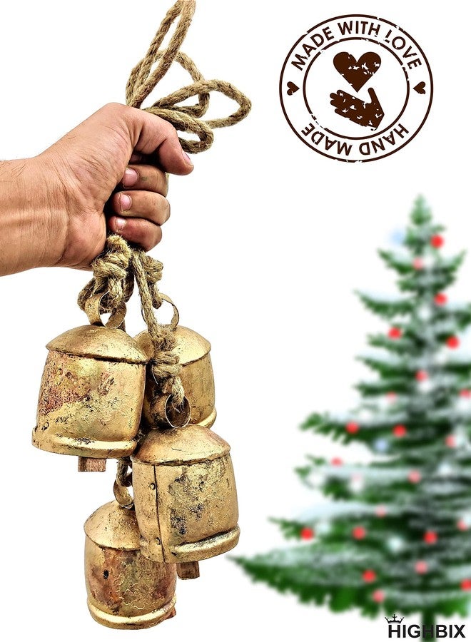 HIGHBIX Harmony 4 Cow Bells Cluster on Rope Large Rustic Vintage Lucky Cow Bells On Rope Wall Hanging Décor (Gold) - Image 3