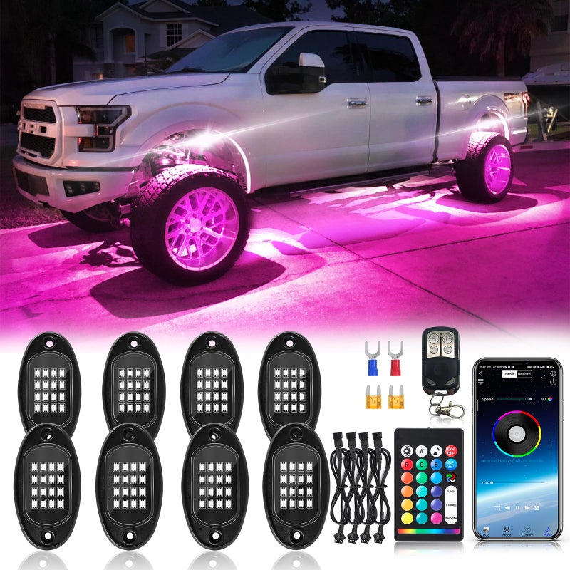 ZONECONA 8Pods Segmented RGB LED Rock Lights Kit with APPRF Remote Control Upgraded Multicolor Underglow Neon Music Mode Waterproof 12V Fender Lights for Trucks Pickup Jeep Golf Cart ATV UTV