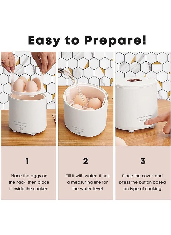 Rapid Egg Cooker ,4 Egg Capacity Cooker for Steamed, Hard Boiled, Soft Boiled Eggs and Onsen ,Electric Egg Boiler for Home Kitchen, Dorm Use - Smart Egg Maker with Auto Shut OFF and Alarm.