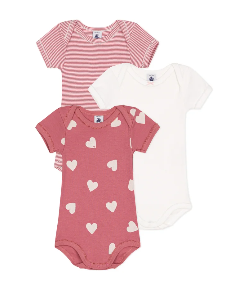 Petit Bateau Babies short-sleeved heart-pattern cotton bodysuits - 3-pack