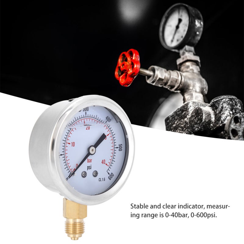 Pressure Gauge 1/4BSP 0-40bar/0-600psi Easy Installation - Stable Clear Indicator Stainless Steel Brass Construction - High Accuracy Corrosion Resistant Machinery Gauge for Industrial Machinery Petrol - Image 3