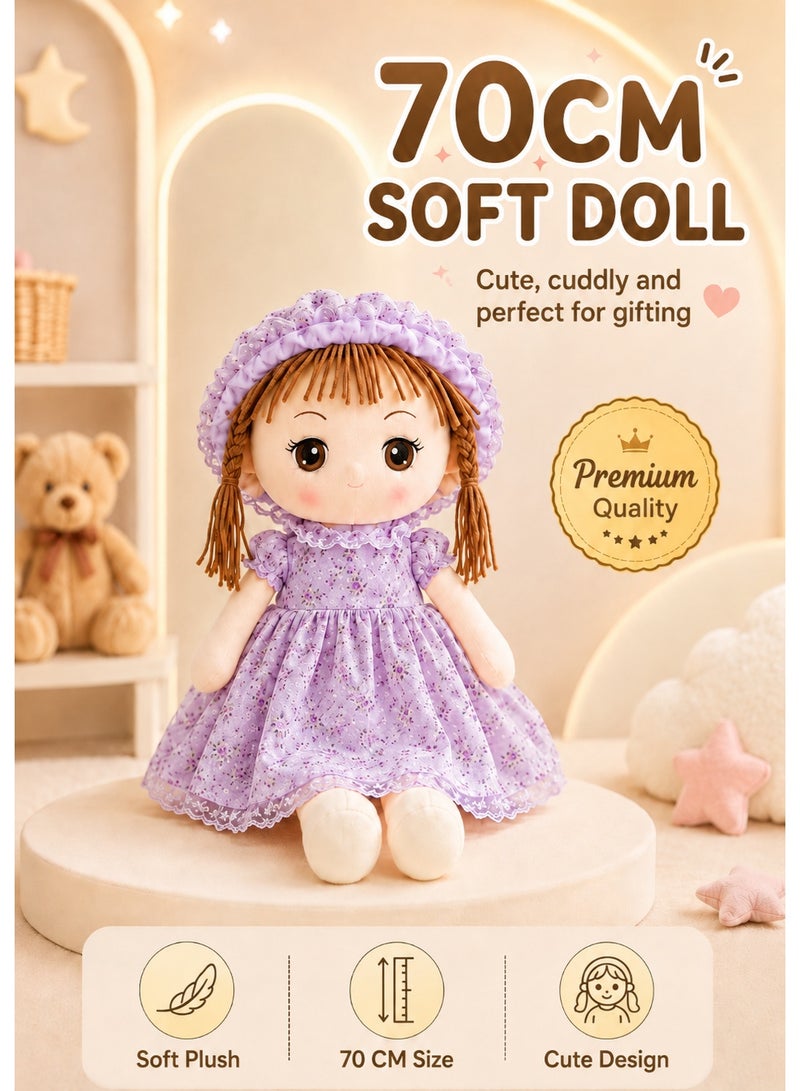 DAT Soft Plush Girl Doll with Floral Dress, Lace Bonnet & Yarn Braids 70cm – Pink, Yellow, Purple - Image 1