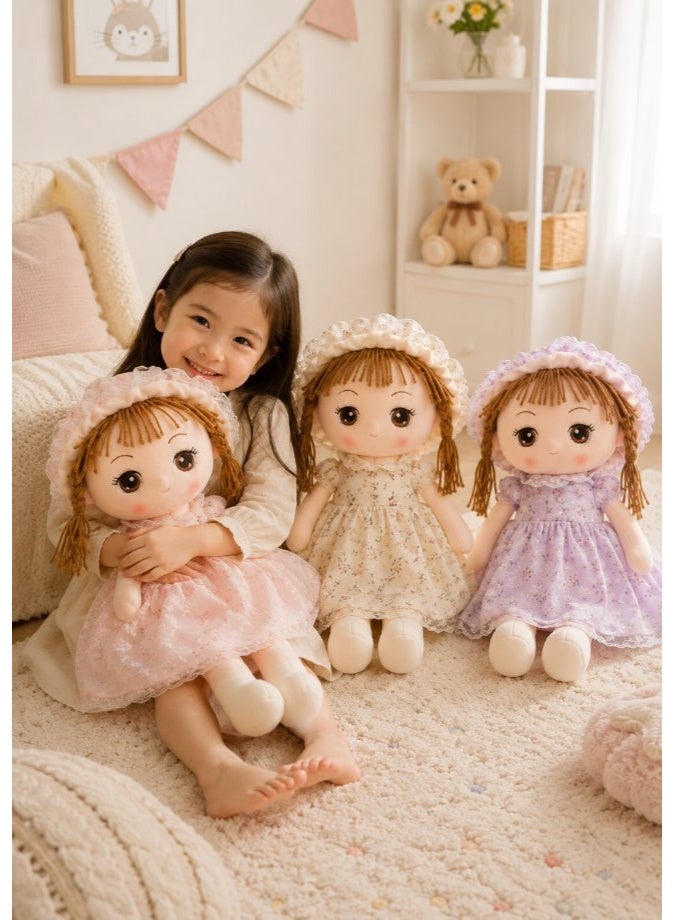 DAT Soft Plush Girl Doll with Floral Dress, Lace Bonnet & Yarn Braids 70cm – Pink, Yellow, Purple - Image 4