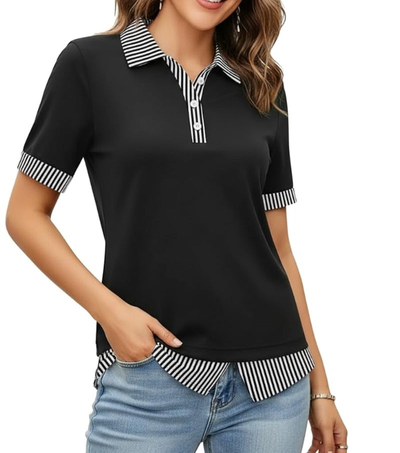 Disamer Womens Summer Tops Spring Fashion 2026 Short Sleeve Shirts Patchwork Button V Neck Tunic Tops Casual Work Blouses,Striped Black,Large - Image 1