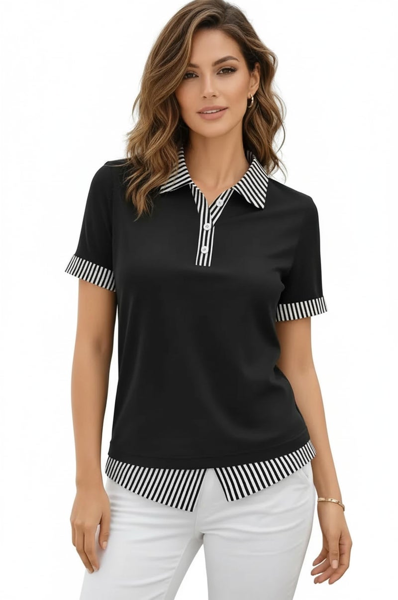 Disamer Womens Summer Tops Spring Fashion 2026 Short Sleeve Shirts Patchwork Button V Neck Tunic Tops Casual Work Blouses,Striped Black,Large - Image 4