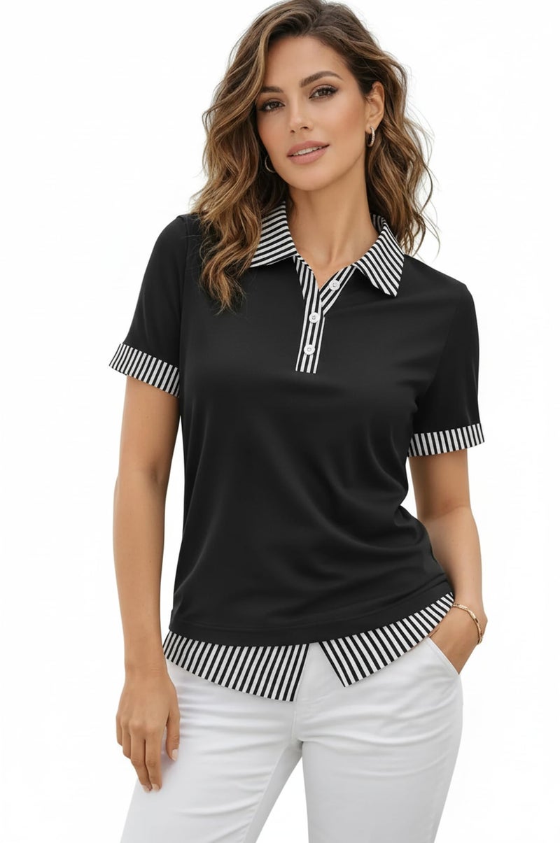 Disamer Womens Summer Tops Spring Fashion 2026 Short Sleeve Shirts Patchwork Button V Neck Tunic Tops Casual Work Blouses,Striped Black,Large - Image 2