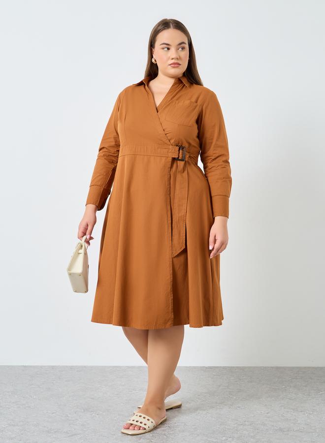 Styli Plus Size Cotton Wrap Shirt Midi Dress - Image 2