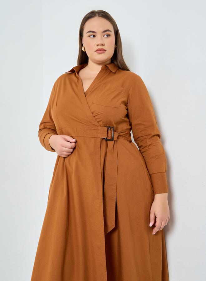 Styli Plus Size Cotton Wrap Shirt Midi Dress - Image 4
