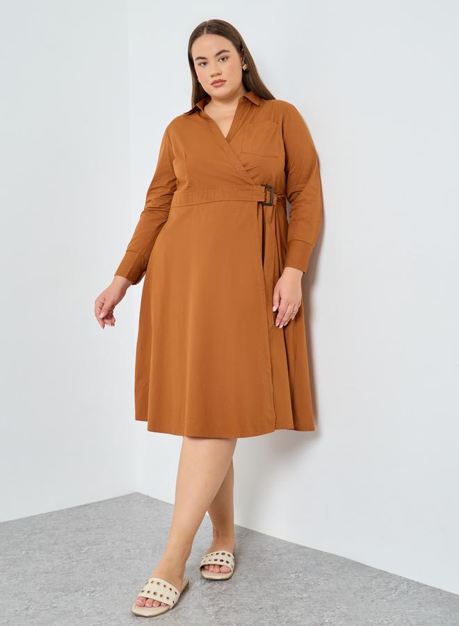 Styli Plus Size Cotton Wrap Shirt Midi Dress - Image 3