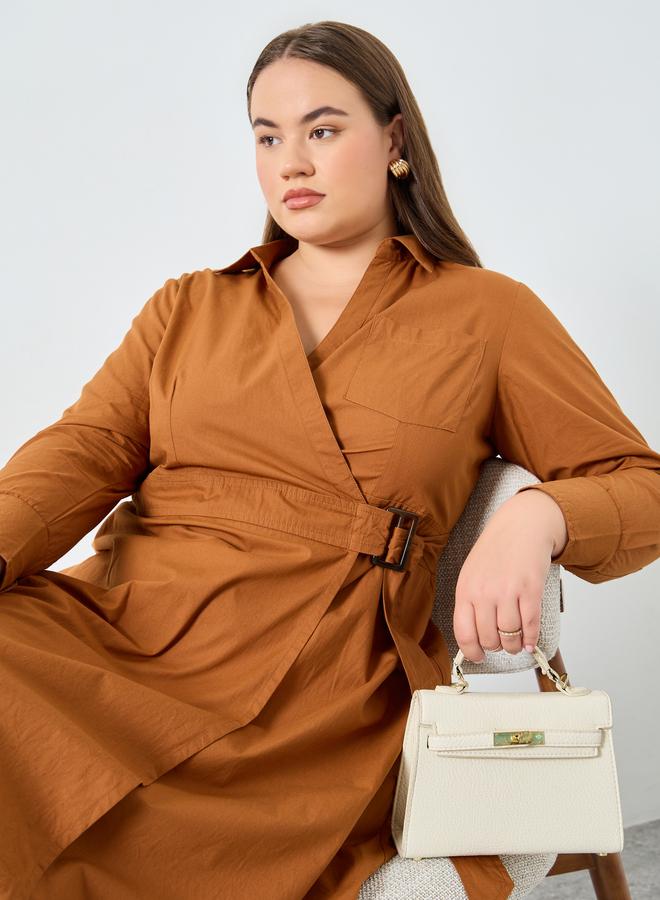 Styli Plus Size Cotton Wrap Shirt Midi Dress - Image 1