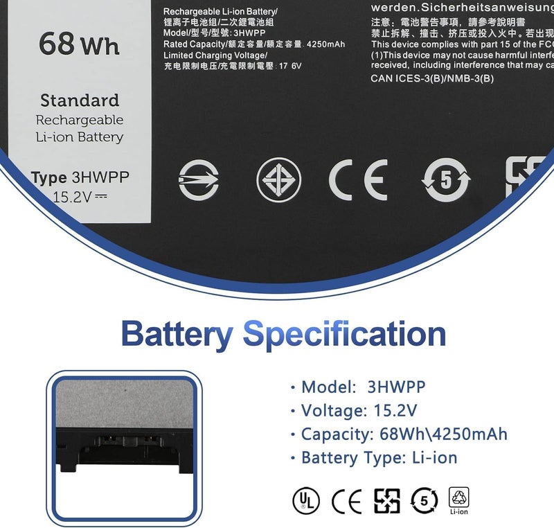 WISTAR 3HWPP Laptop Battery for Dell Latitude 5401 5410 5411 5501 5510 5511 Precision 3541 3551 Inspiron 7706 2-in-1 17 7500/7506 2-in-1 Black 10X1J N2NLL 1VY7F 451-BCMN - Image 2