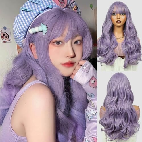 Creamily Purple Wigs for Women 24inch Long Wavy Curly Hair Wig, Heat Resistant Synthetic Wig for Cosplay Party (Curly Light Purple) - Image 1