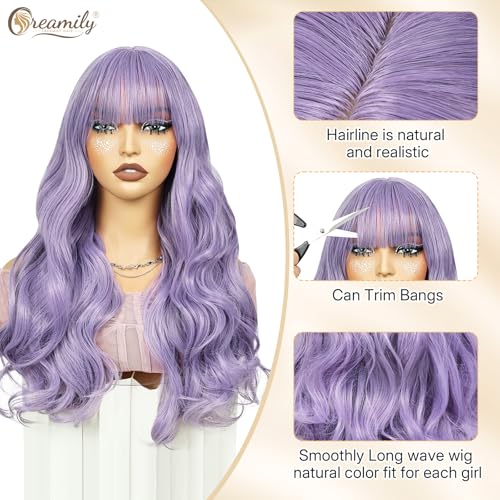 Creamily Purple Wigs for Women 24inch Long Wavy Curly Hair Wig, Heat Resistant Synthetic Wig for Cosplay Party (Curly Light Purple) - Image 5