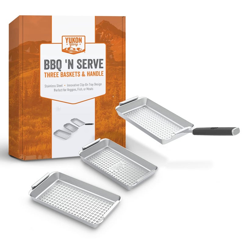 Yukon Glory Yukon Glory BBQ N SERVE Grill Basket Set  Includes 3 Grilling Baskets a Serving Tray  Clipon Handle  Patented GrilltoTable Design Perfect For Grilling Fish Veggies  Meats 