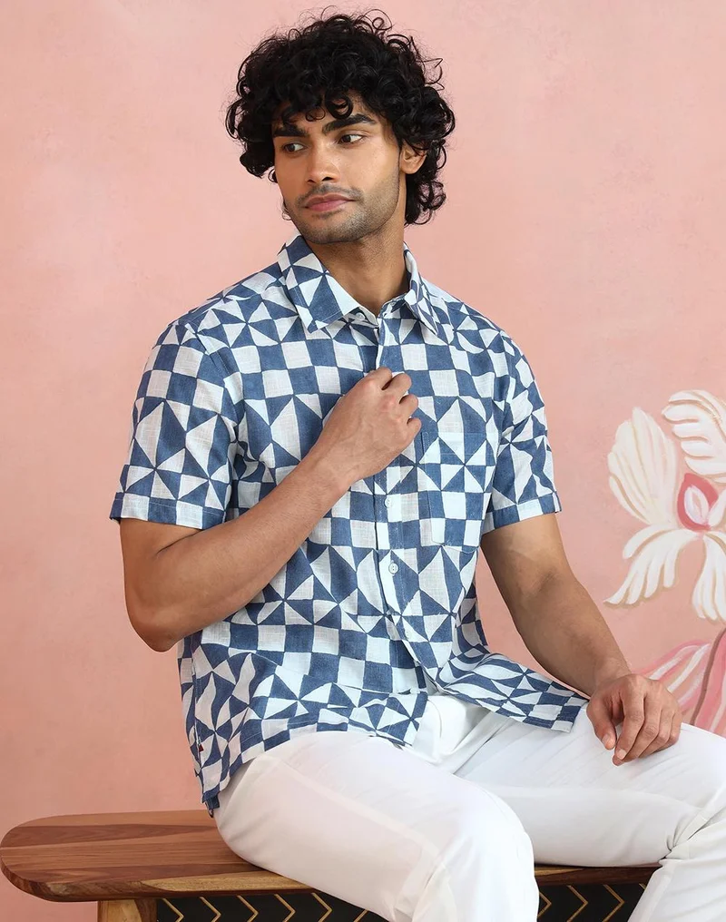 فاب انديا White-Blue Cotton Hand Block Printed Bush Shirt