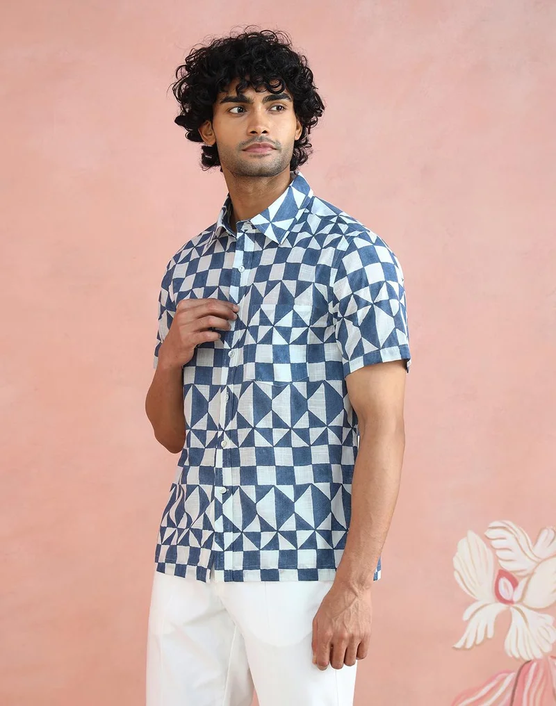 Fabindia  White-Blue Cotton Hand Block Printed Bush Shirt for Men | Best Price UAE