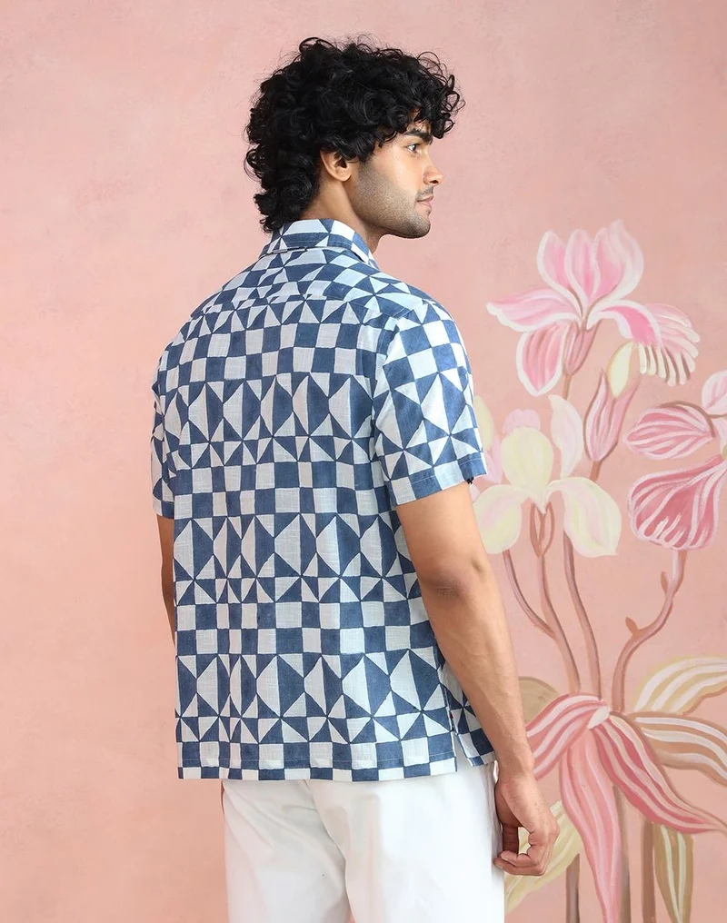 Fabindia  White-Blue Cotton Hand Block Printed Bush Shirt for Men | Best Price UAE